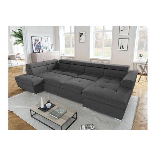 Canapé Panoramique 6 Places Convertible Paola En Tissu - Gris Foncé - Angle Gauche