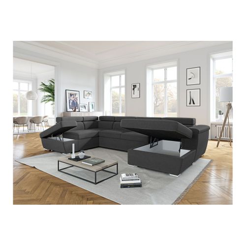 Canapé Panoramique 6 Places Convertible Paola En Tissu - Gris Foncé - Angle Gauche