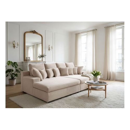 Canapé Droit 4 Places Fluffy Avec Double Méridienne Et Assise Profonde En Velours Côtelé - Beige