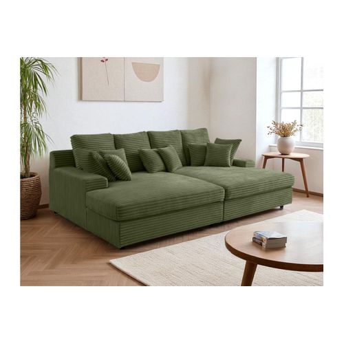Canapé Droit 4 Places Fluffy Avec Double Méridienne Et Assise Profonde En Velours Côtelé - Vert