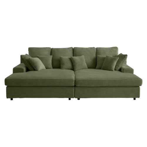 Canapé Droit 4 Places Fluffy Avec Double Méridienne Et Assise Profonde En Velours Côtelé - Vert
