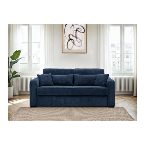 Canapé Convertible Express 3 Places Esio Couchage Quotidien 140x190cm En Velours Côtelé - Bleu Foncé