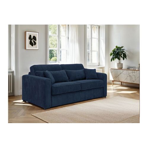 Canapé Convertible Express 3 Places Esio Couchage Quotidien 140x190cm En Velours Côtelé - Bleu Foncé