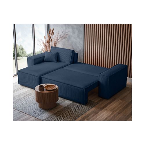 Canapé D'angle Farah Convertible Et Réversible 4 Places En Velours Cotelé - Bleu Foncé