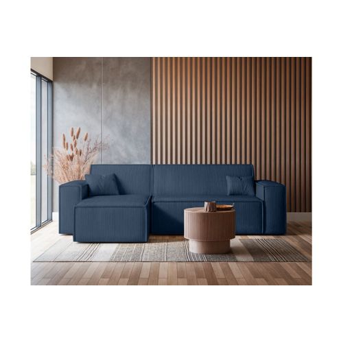 Canapé D'angle Farah Convertible Et Réversible 4 Places En Velours Cotelé - Bleu Foncé