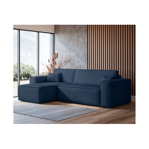 Canapé D'angle Farah Convertible Et Réversible 4 Places En Velours Cotelé - Bleu Foncé