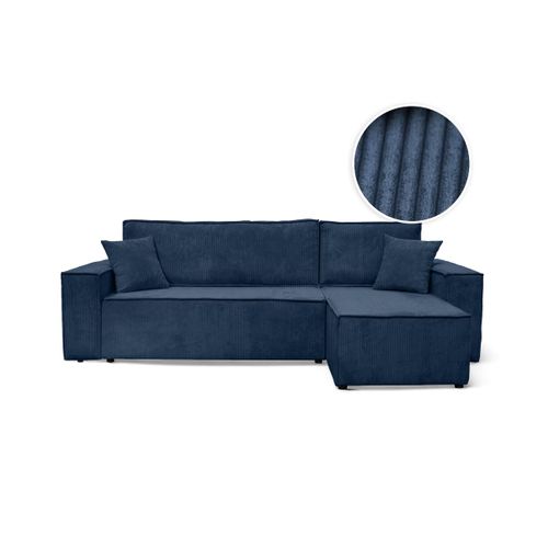 Canapé D'angle Farah Convertible Et Réversible 4 Places En Velours Cotelé - Bleu Foncé
