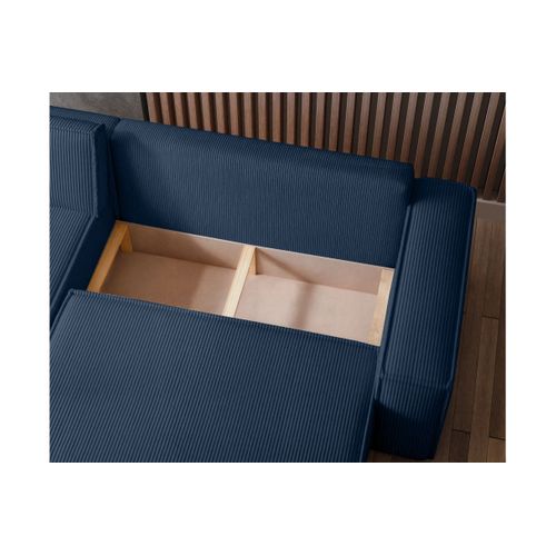 Canapé D'angle Farah Convertible Et Réversible 4 Places En Velours Cotelé - Bleu Foncé