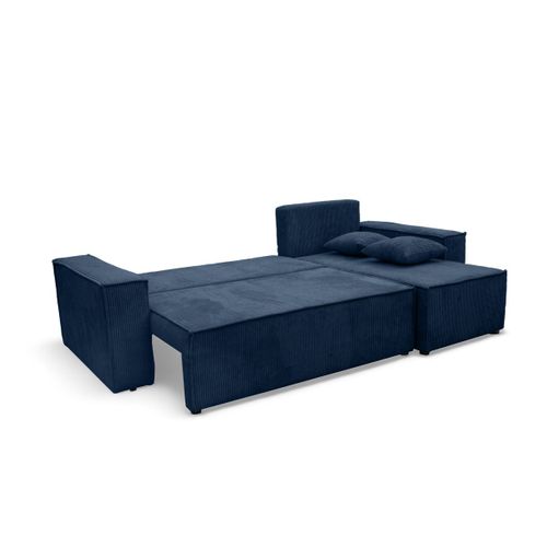 Canapé D'angle Farah Convertible Et Réversible 4 Places En Velours Cotelé - Bleu Foncé