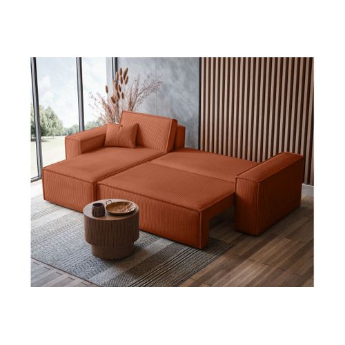 Canapé D'angle Farah Convertible Et Réversible 4 Places En Velours Cotelé - Terracotta