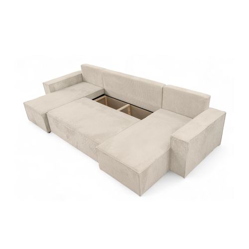 Canapé D'angle Farah Panoramique Convertible 6 Places En Velours Cotelé - Beige