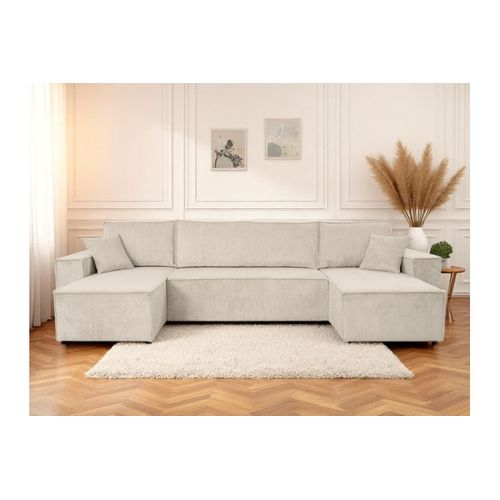 Canapé D'angle Farah Panoramique Convertible 6 Places En Velours Cotelé - Beige
