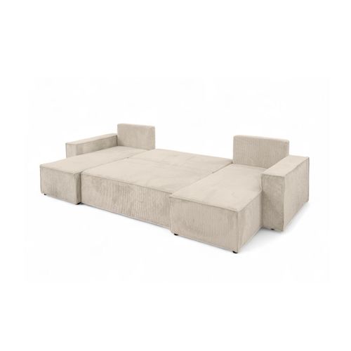 Canapé D'angle Farah Panoramique Convertible 6 Places En Velours Cotelé - Beige