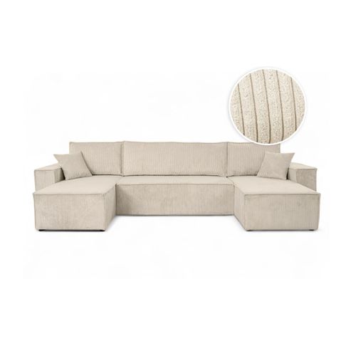 Canapé D'angle Farah Panoramique Convertible 6 Places En Velours Cotelé - Beige