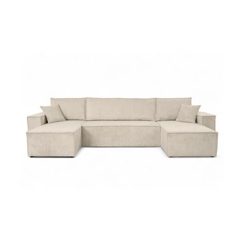 Canapé D'angle Farah Panoramique Convertible 6 Places En Velours Cotelé - Beige