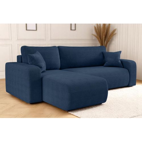 Canapé D'angle Alya Convertible Et Réversible 4 Places En Velours Cotelé - Bleu Foncé