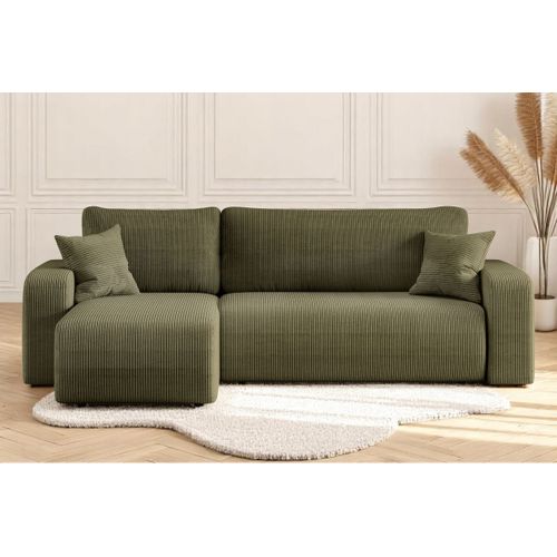Canapé D'angle Alya Convertible Et Réversible 4 Places En Velours Cotelé - Vert Kaki