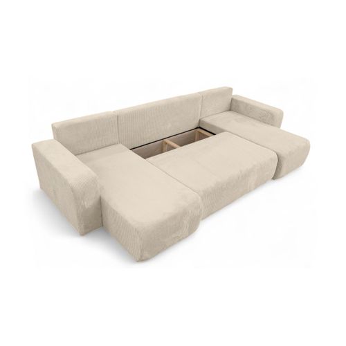 Canapé D'angle Alya Panoramique Convertible 6 Places En Velours Cotelé - Beige