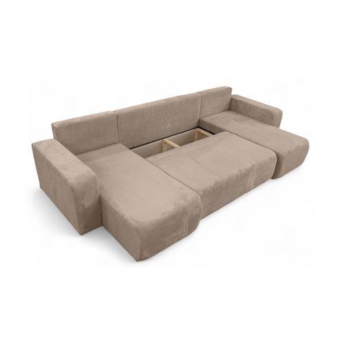 Canapé D'angle Alya Panoramique Convertible 6 Places En Velours Cotelé - Taupe
