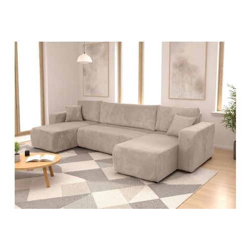 Canapé D'angle Alya Panoramique Convertible 6 Places En Velours Cotelé - Taupe