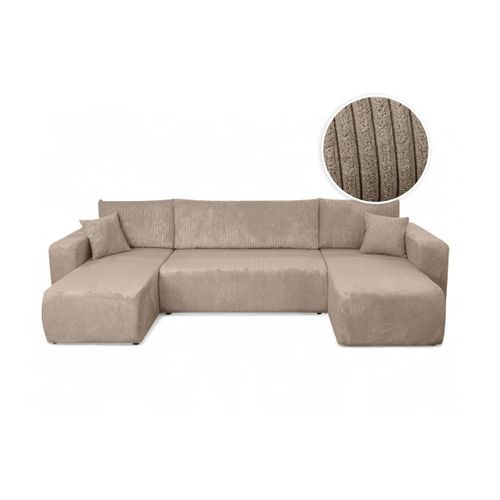Canapé D'angle Alya Panoramique Convertible 6 Places En Velours Cotelé - Taupe