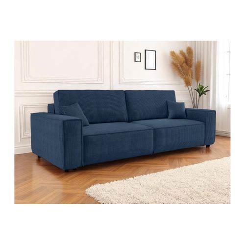 Canapé Droit 3 Places Farah Convertible En Velours Côtelé - Bleu Foncé