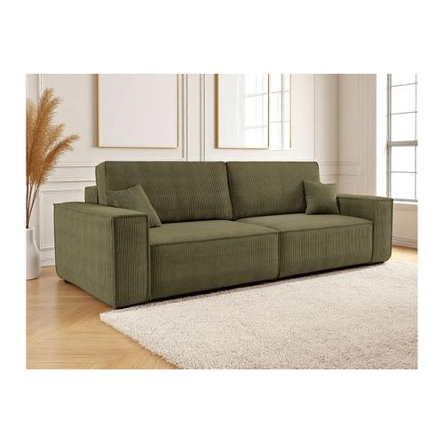 Canapé Droit 3 Places Farah Convertible En Velours Côtelé - Vert Kaki