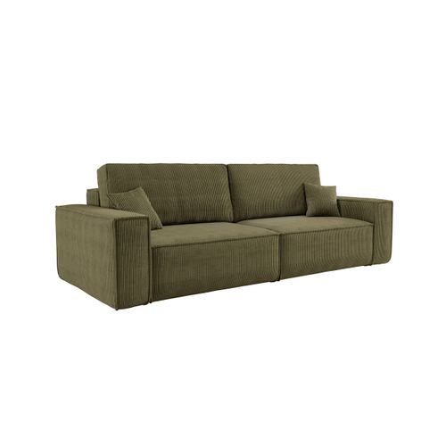Canapé Droit 3 Places Farah Convertible En Velours Côtelé - Vert Kaki