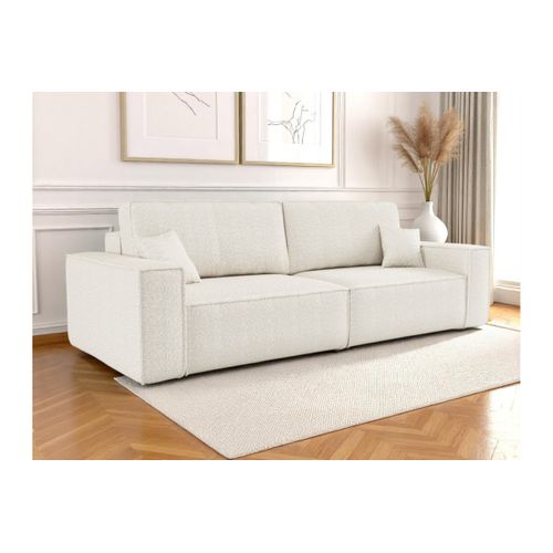 Canapé Droit 3 Places Farah Convertible En Tissu Bouclette - Blanc