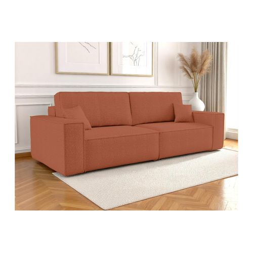 Canapé Droit 3 Places Farah Convertible En Tissu Bouclette - Terracotta