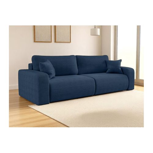 Canapé Droit 3 Places Alya Convertible En Velours Côtelé - Bleu Foncé