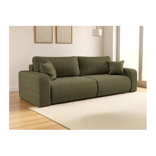 Canapé Droit 3 Places Alya Convertible En Velours Côtelé - Vert Kaki