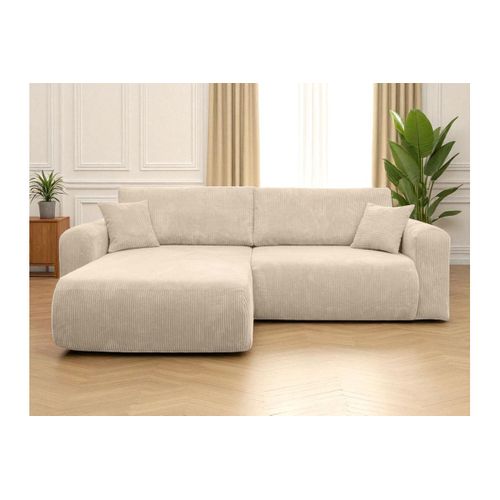 Canapé Alya D'angle Compacte Réversible Et Convertible 4 Places En Velours Côtelé - Beige