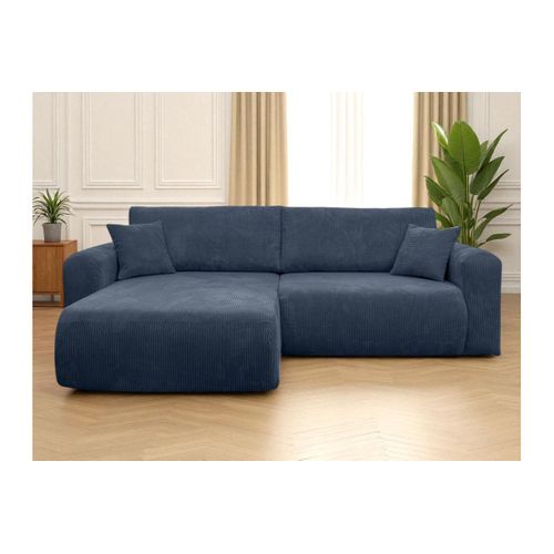 Canapé Alya D'angle Compacte Réversible Et Convertible 4 Places En Velours Côtelé - Bleu Foncé