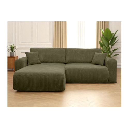 Canapé Alya D'angle Compacte Réversible Et Convertible 4 Places En Velours Côtelé - Vert Kaki