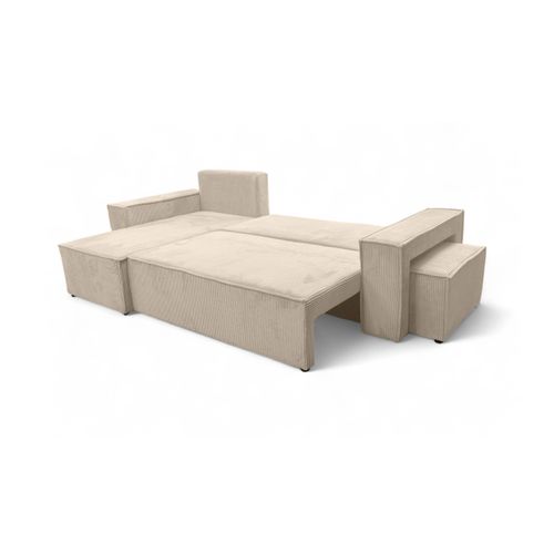 Canapé Farah D'angle Réversible Et Convertible 4 Places Avec Un Pouf En Velours Côtelé - Beige
