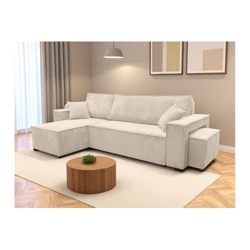 Canapé Farah D'angle Réversible Et Convertible 4 Places Avec Un Pouf En Velours Côtelé - Beige
