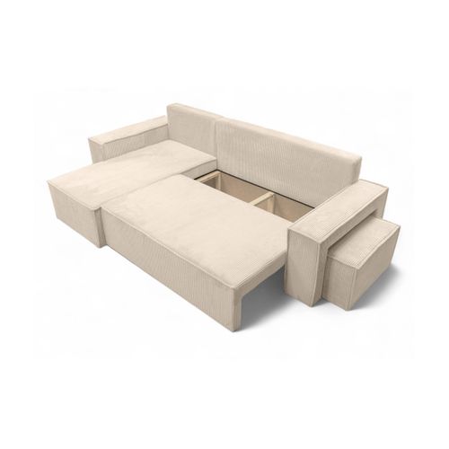 Canapé Farah D'angle Réversible Et Convertible 4 Places Avec Un Pouf En Velours Côtelé - Beige