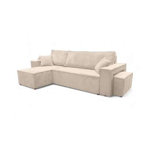 Canapé Farah D'angle Réversible Et Convertible 4 Places Avec Un Pouf En Velours Côtelé - Beige