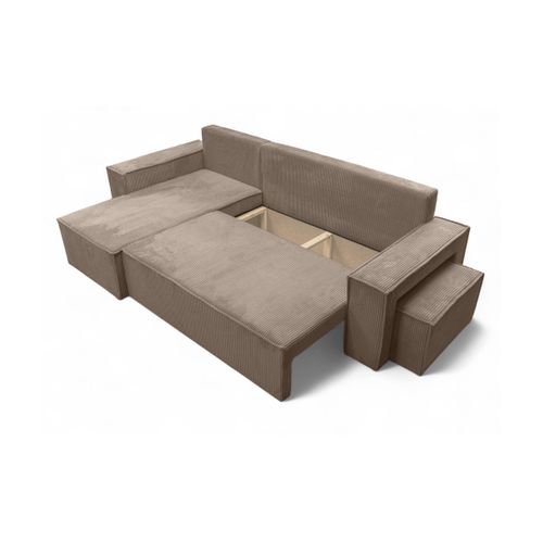 Canapé Farah D'angle Réversible Et Convertible 4 Places Avec Un Pouf En Velours Côtelé - Taupe