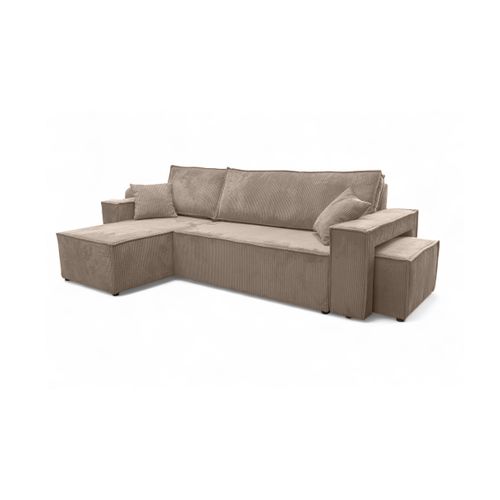 Canapé Farah D'angle Réversible Et Convertible 4 Places Avec Un Pouf En Velours Côtelé - Taupe