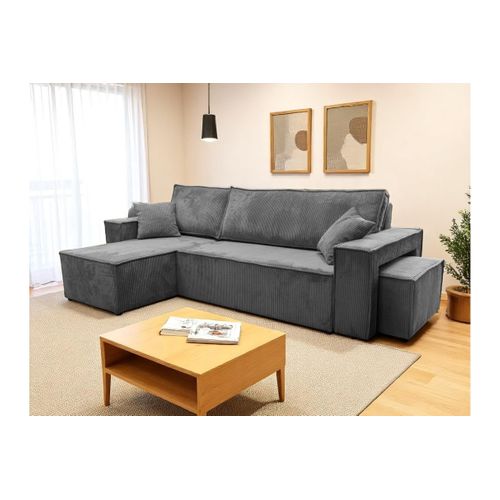 Canapé Farah D'angle Réversible Et Convertible 4 Places Avec Un Pouf En Velours Côtelé - Gris
