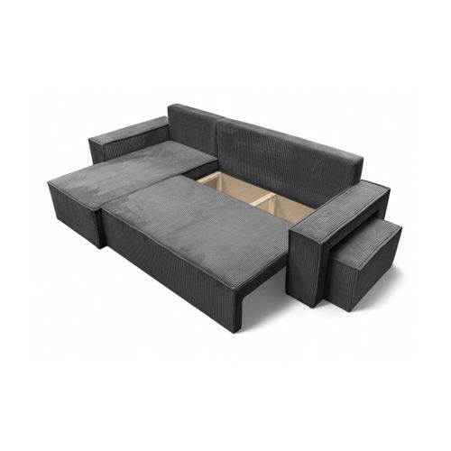 Canapé Farah D'angle Réversible Et Convertible 4 Places Avec Un Pouf En Velours Côtelé - Gris