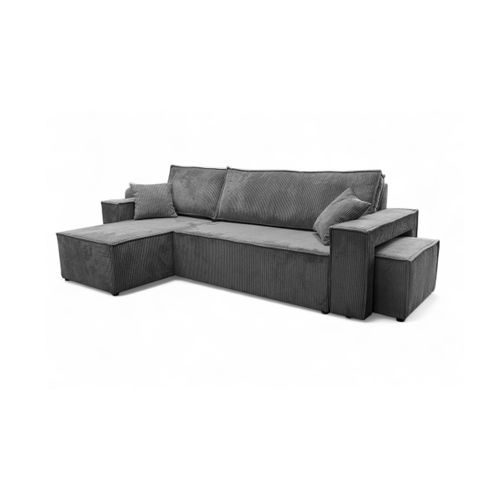 Canapé Farah D'angle Réversible Et Convertible 4 Places Avec Un Pouf En Velours Côtelé - Gris