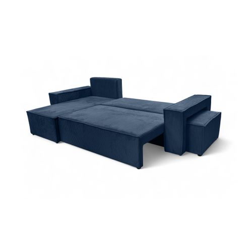 Canapé Farah D'angle Réversible Et Convertible 4 Places Avec Un Pouf En Velours Côtelé - Bleu Foncé