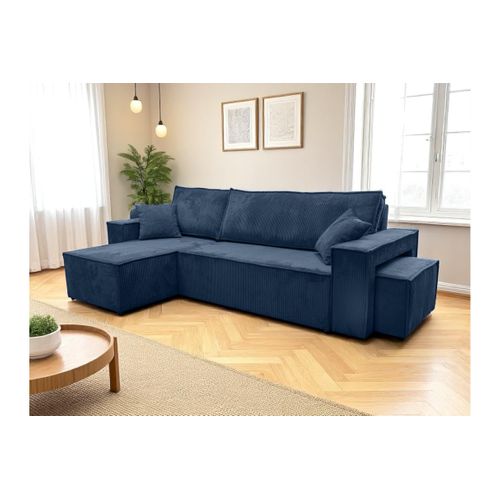 Canapé Farah D'angle Réversible Et Convertible 4 Places Avec Un Pouf En Velours Côtelé - Bleu Foncé