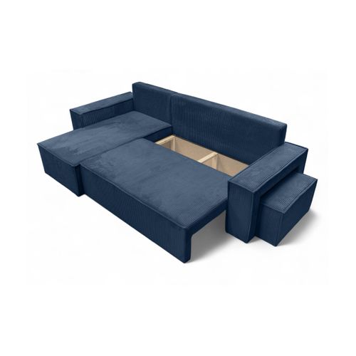 Canapé Farah D'angle Réversible Et Convertible 4 Places Avec Un Pouf En Velours Côtelé - Bleu Foncé
