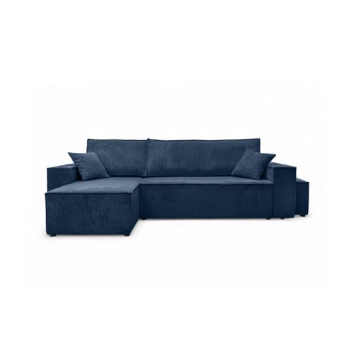 Canapé Farah D'angle Réversible Et Convertible 4 Places Avec Un Pouf En Velours Côtelé - Bleu Foncé