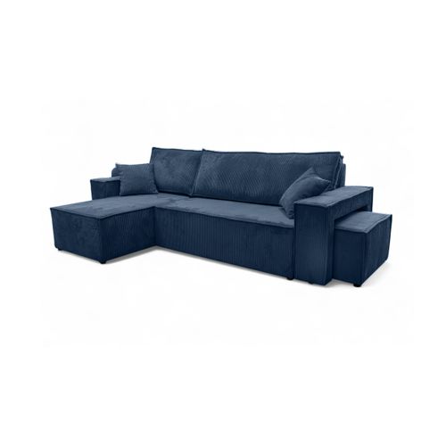 Canapé Farah D'angle Réversible Et Convertible 4 Places Avec Un Pouf En Velours Côtelé - Bleu Foncé