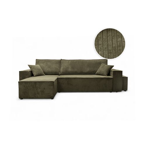 Canapé Farah D'angle Réversible Et Convertible 4 Places Avec Un Pouf En Velours Côtelé - Vert Kaki